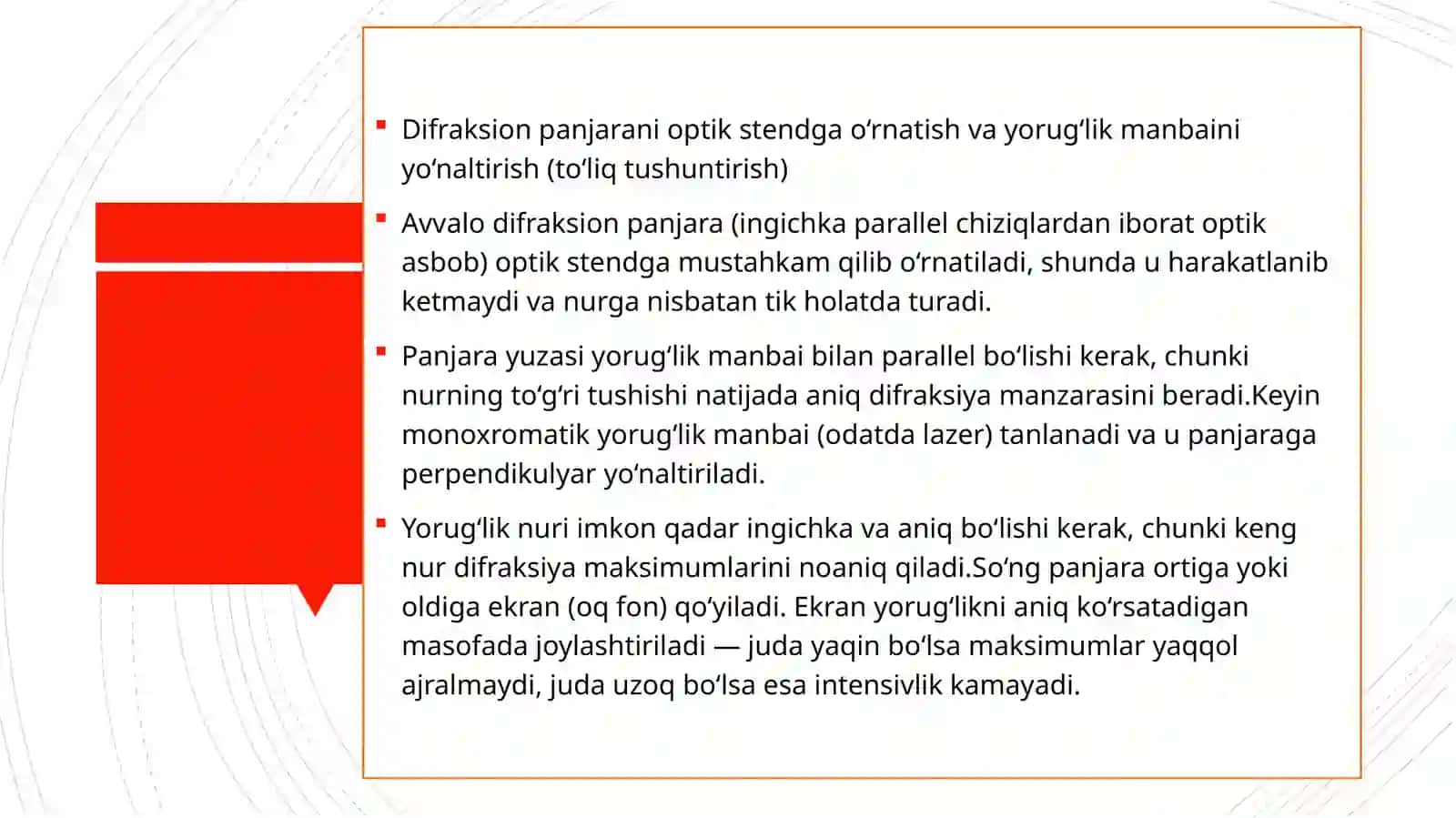 BiofizikaM:Yorug'likningto'lqinuzunliginidifraksionpanjarayordamidaaniqlashBajardi 3