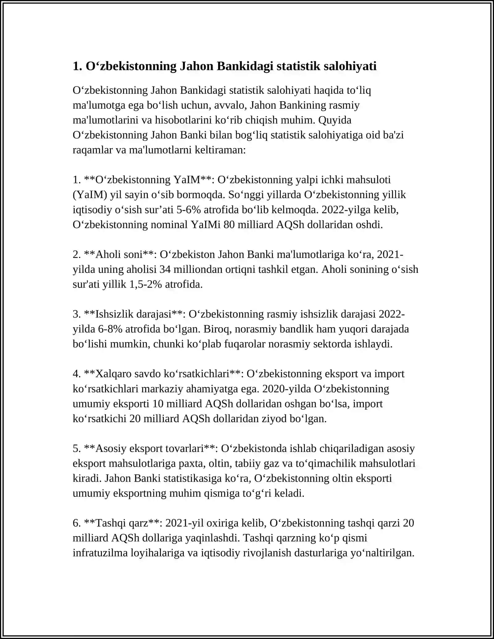 O‘ZBEKISTONNING “JAHON BANKINING STATISTIK SALOHIYAT INDEKSI” DAGI O`RNI 3