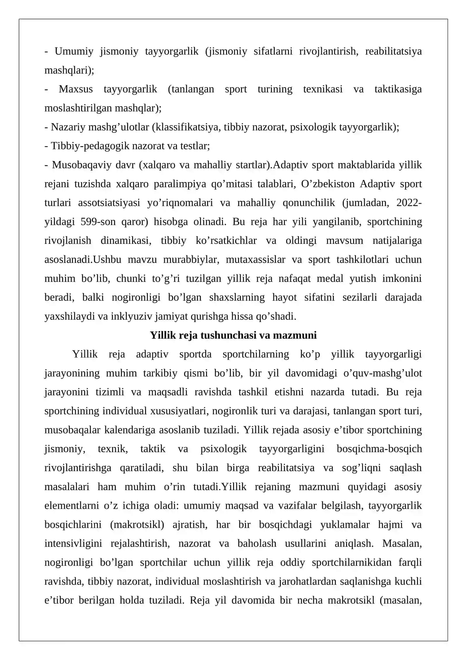 Adaptiv sport bo’yicha sport maktablarida o’quv mashg’ulot soatining yillik reja 3