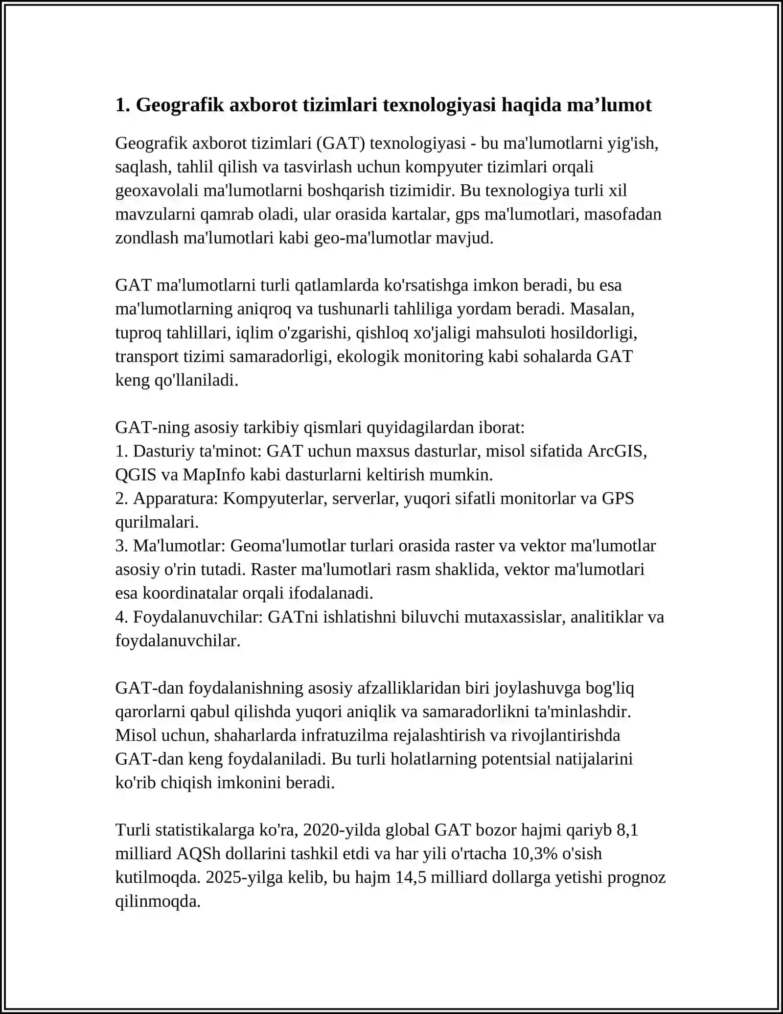 GEOGRAFIK AXBOROT TIZIMLARI TEXNOLOGIYASINI OʻRGANISH ARCGIS ARCCATALOG 3