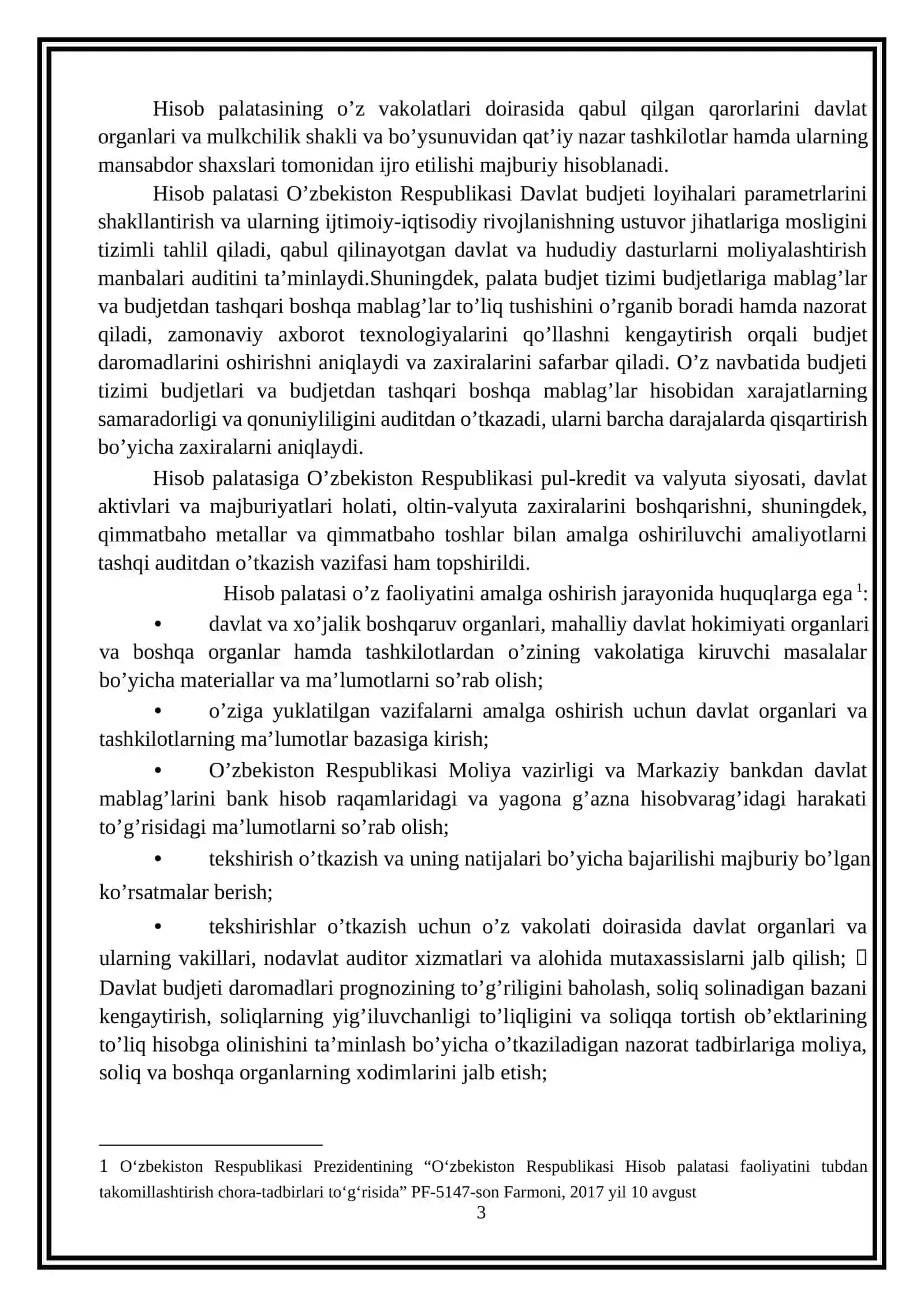 O’zbekiston Respublikasi Hisob palatasi va uning moliyaviy nazoratni tashkil etishdagi o’rni 3