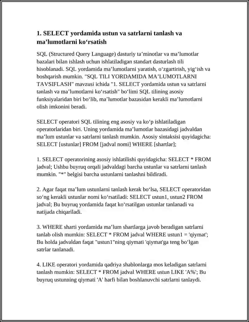 SQL TILI YORDAMIDA MAʼLUMOTLARNI TAVSIFLASH 3