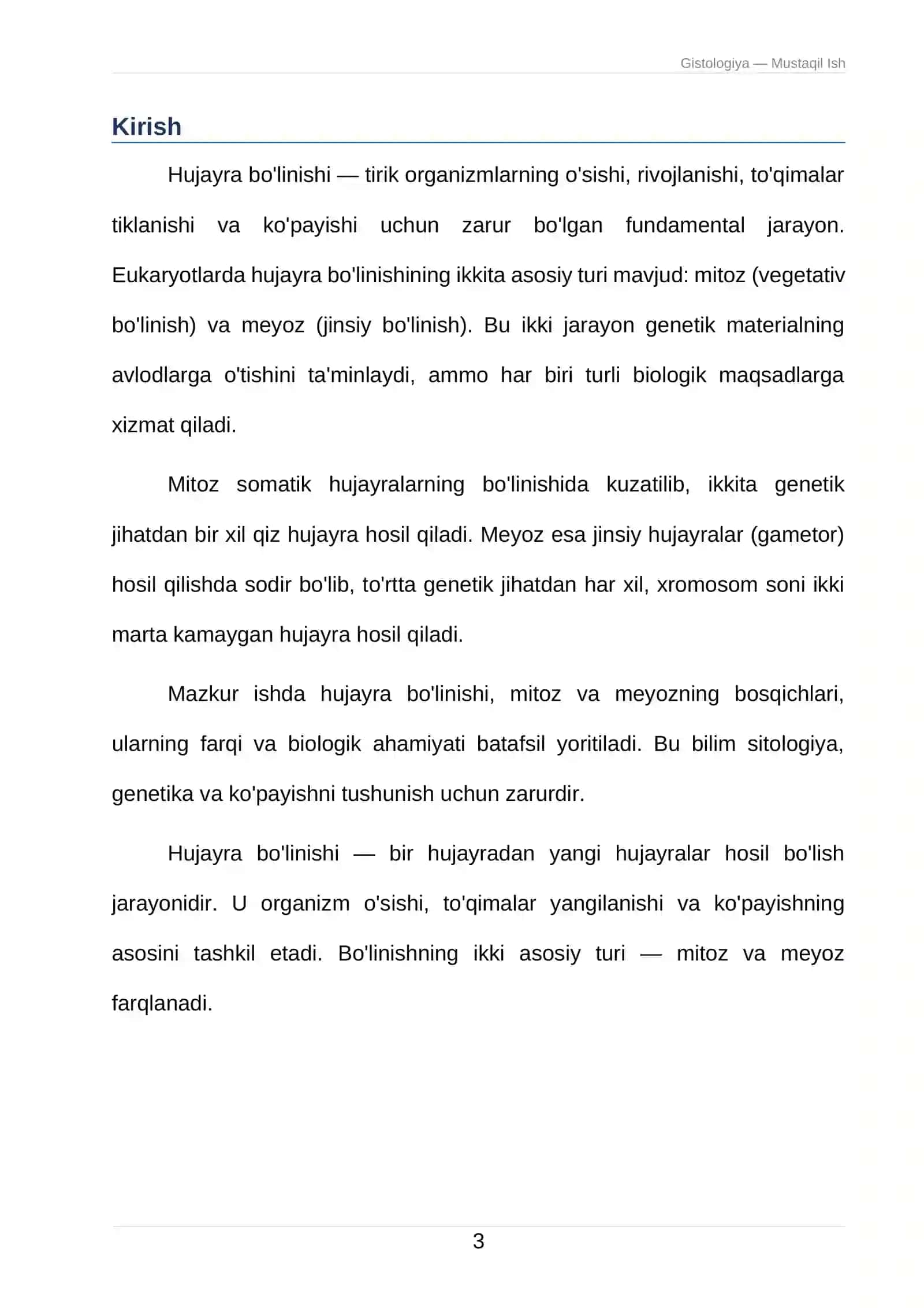 Gistologiya — Mustaqil Ish: Mitoz va meyoz: hujayra bo'linishi turlari 3
