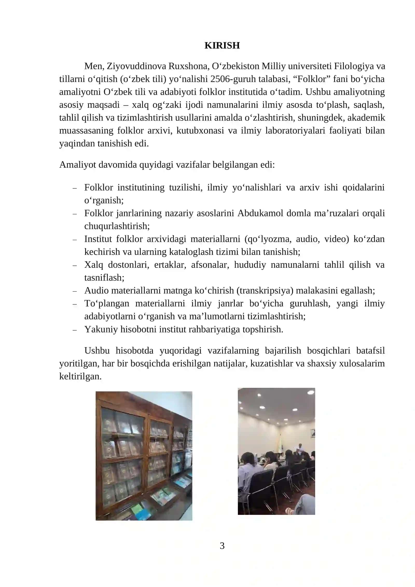 O‘zbek tili va adabiyoti folklor institutida folklor fanidan amaliyot hisoboti 3