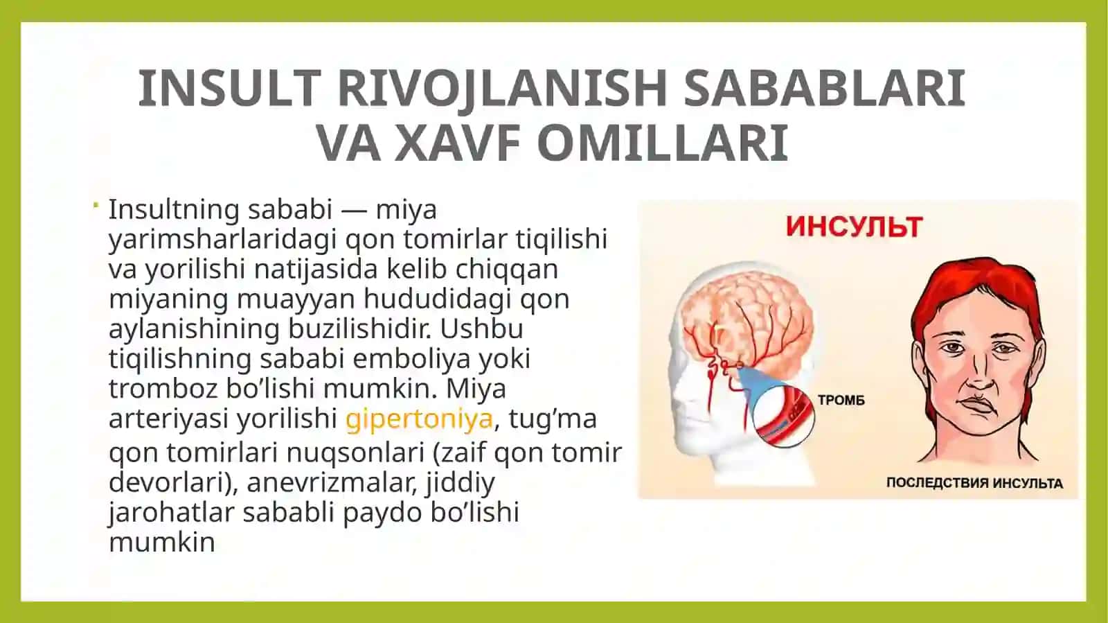 Insult - Sabablari, Xavf Omillari, Belgilari, Tashxis, Davolash va Oldini Olish 3