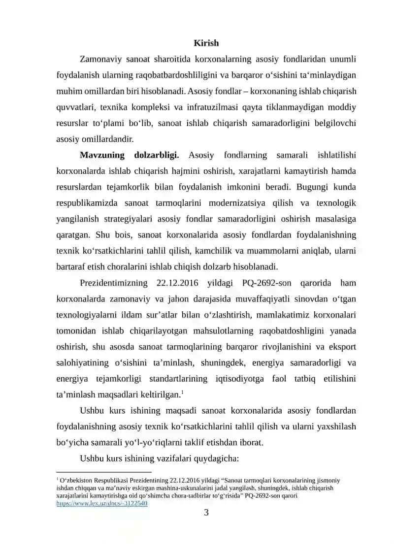“Sanoat korxonalari asosiy fondlaridan foydalanishning asosiy texnik ko‘rsatkichlarini tahlil qilish va uni yaxshilash yo‘llari” mavzusida ilmiy ish 3