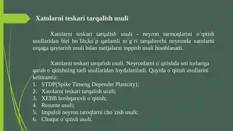 Xatolarni teskari tarqalish usuli. Neyro toʻrli klasterlash usullari. 3