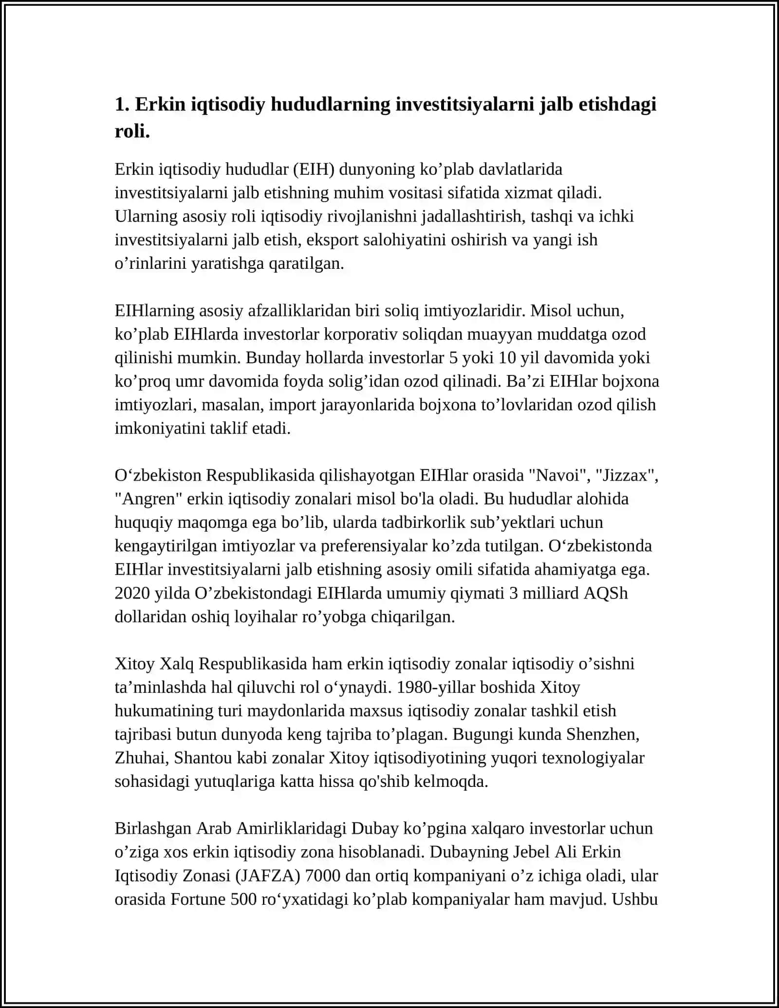 IQTISODIYOTGA INVESTITSIYALARNI JALB ETISHDA ERKIN IQTISODIY HUDUDLARNING O'RNI 3