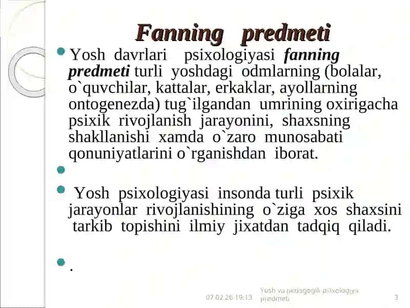 Yosh va pedagogik psixologiyafaning predmeti 3