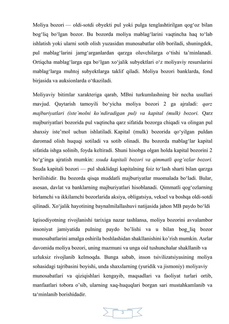 Moliya bozori va uning moliyaviy resurslarni shakllantirishdagi o‘rni 3