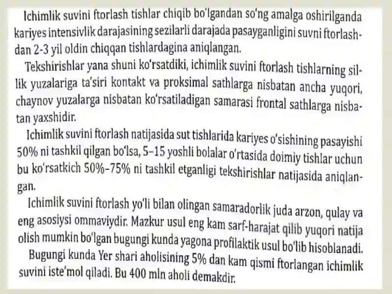 Ichimlik suvini ftorlash, ftorlangan sut. Osh tuzini ftorlash. Kariyes profilaktikasida ftor saqlovchi preparatlarning  qo’llash usullari. Ftorlak, ftor saqlovchi eritma va gellar 3