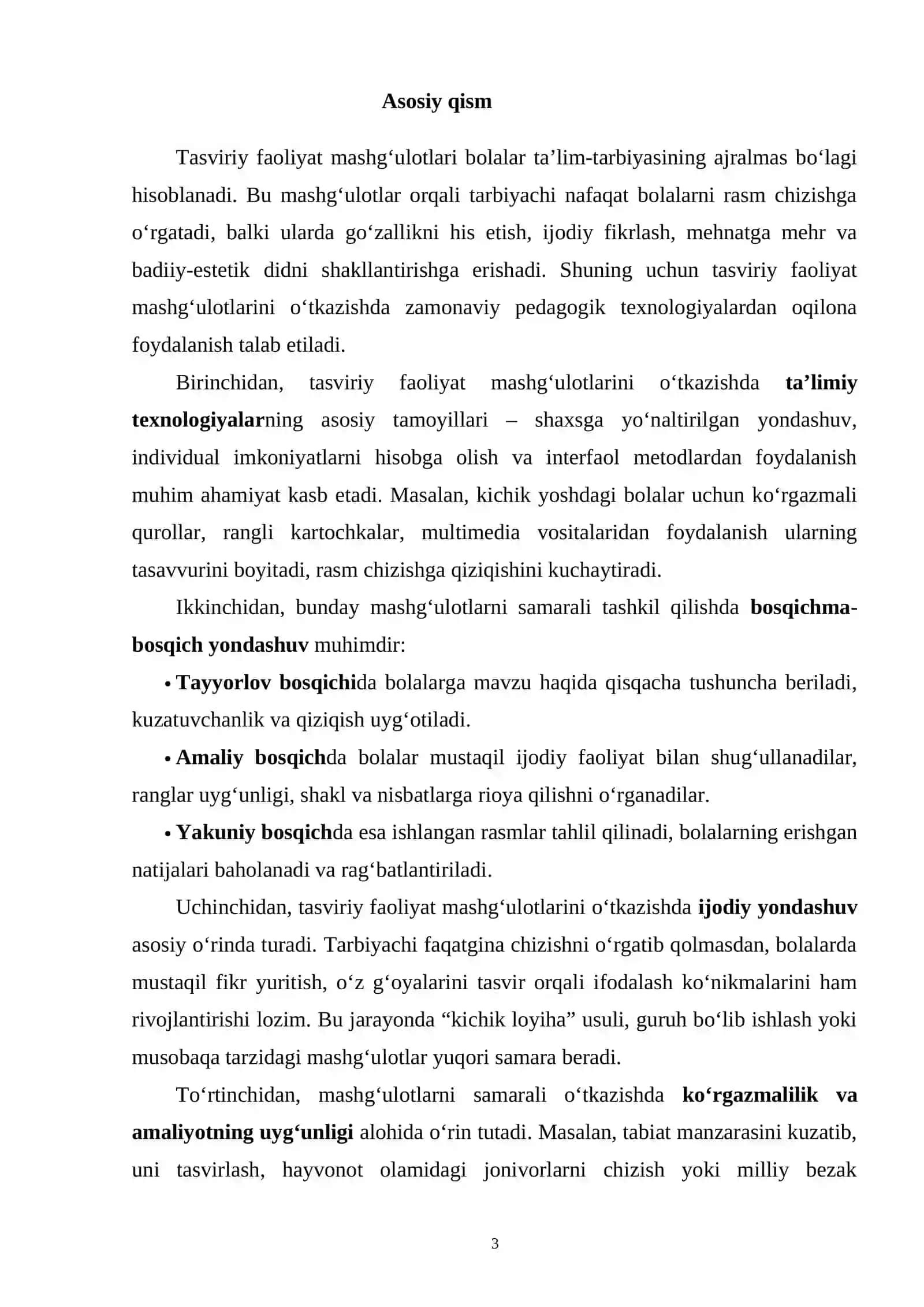 Tasviriy faoliyat mashg’ulotlarini o’tkazish texnologiyasi mavzusi buyicha tayyor loyiha ishi 3