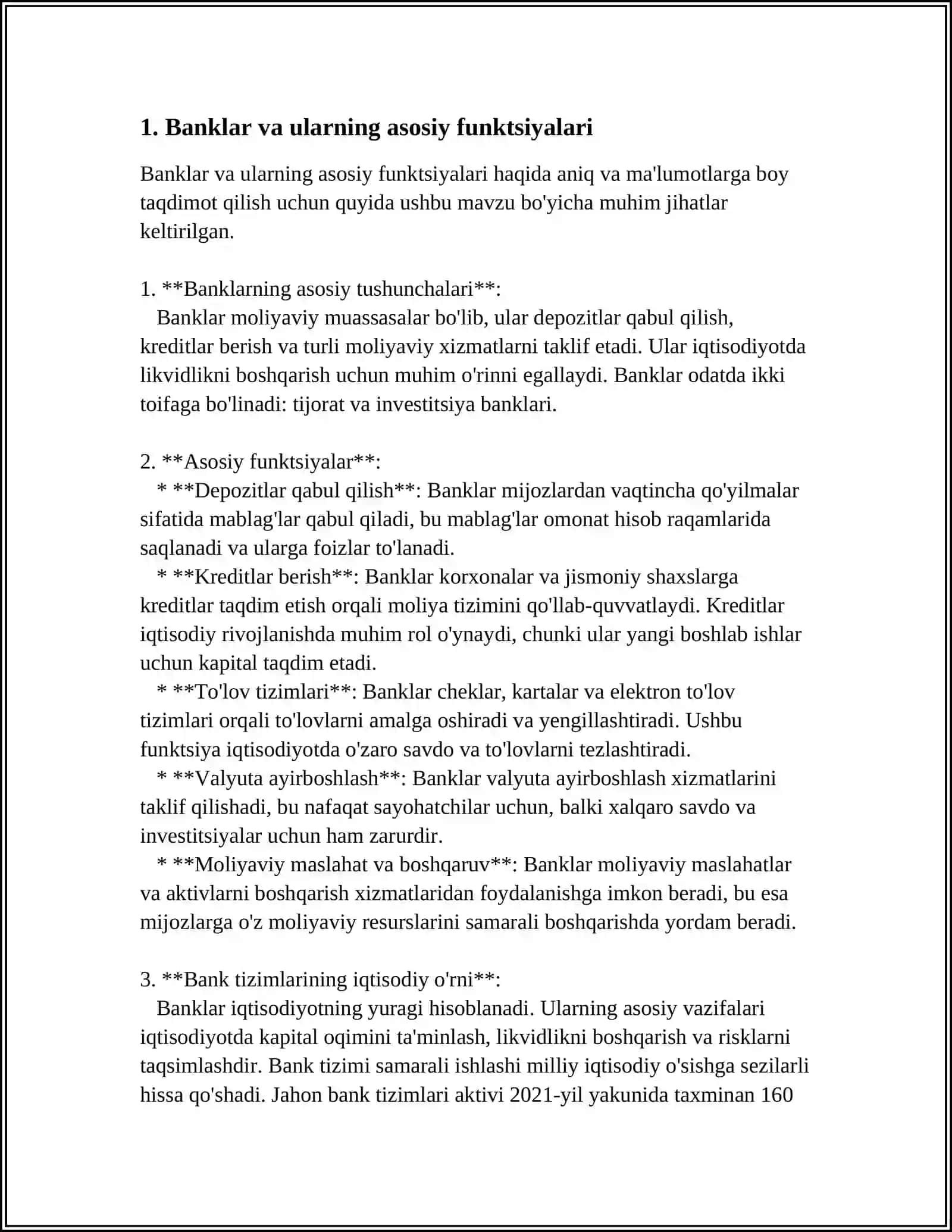 BANKLAR, ULARNING TURLARI VA KREDIT TIZIMIDAGI ROLI 3