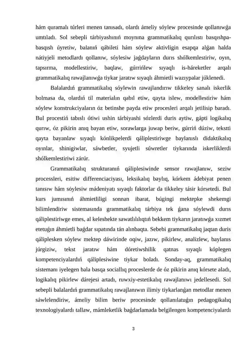 Mektepke shekemgi bilimlendiriw shólkeminde balalar tilin grammatikalıq jaqtan qáliplestiriwde dástúr talaplari 3