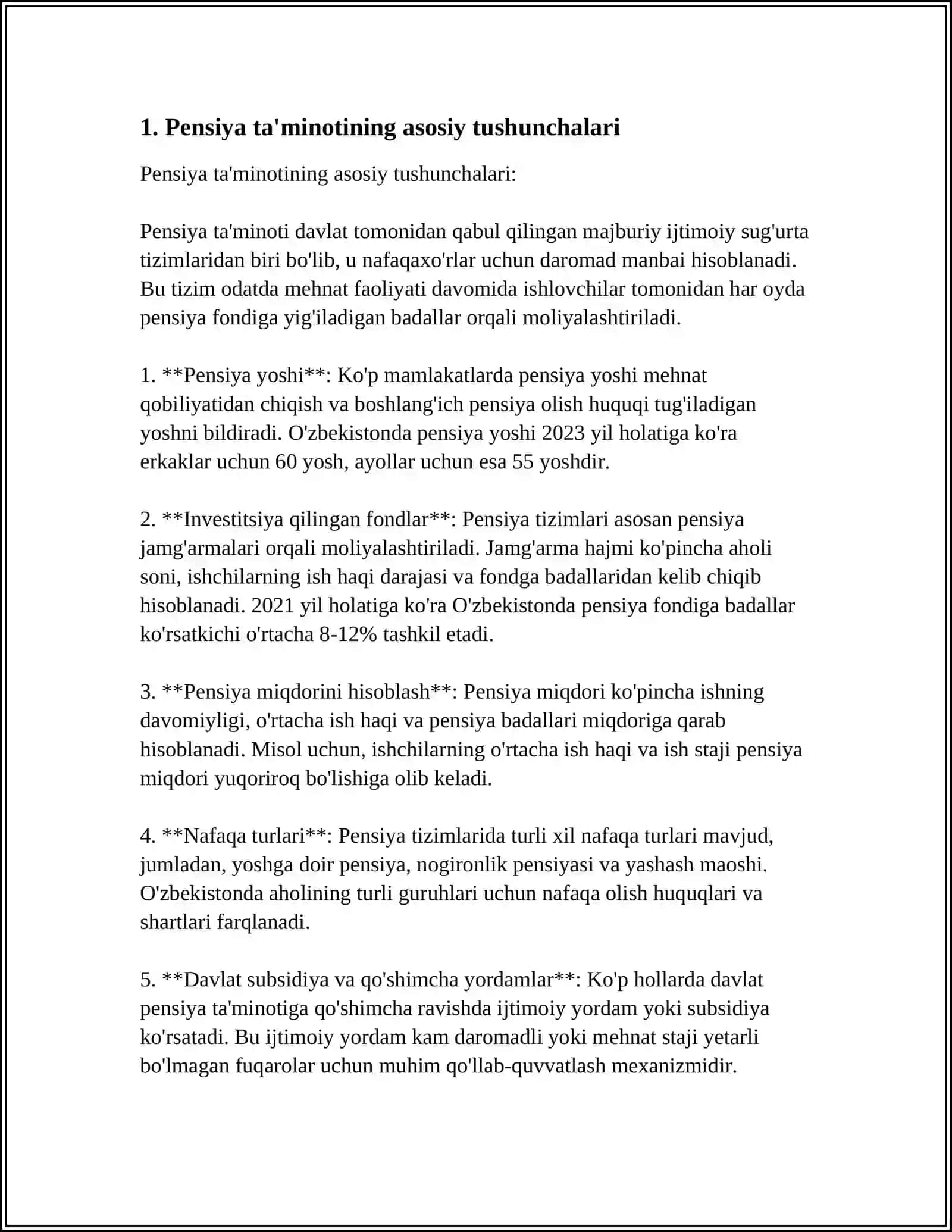 MUSTAQIL ISH Mavzu: PENSIYA TAʼMINOTINING MOHIYATI, ZARURLIGI VA DAVLAT IJTIMOIY SIYOSATINI AMALGA OSHIRISHDAGI AHAMIYATI 3