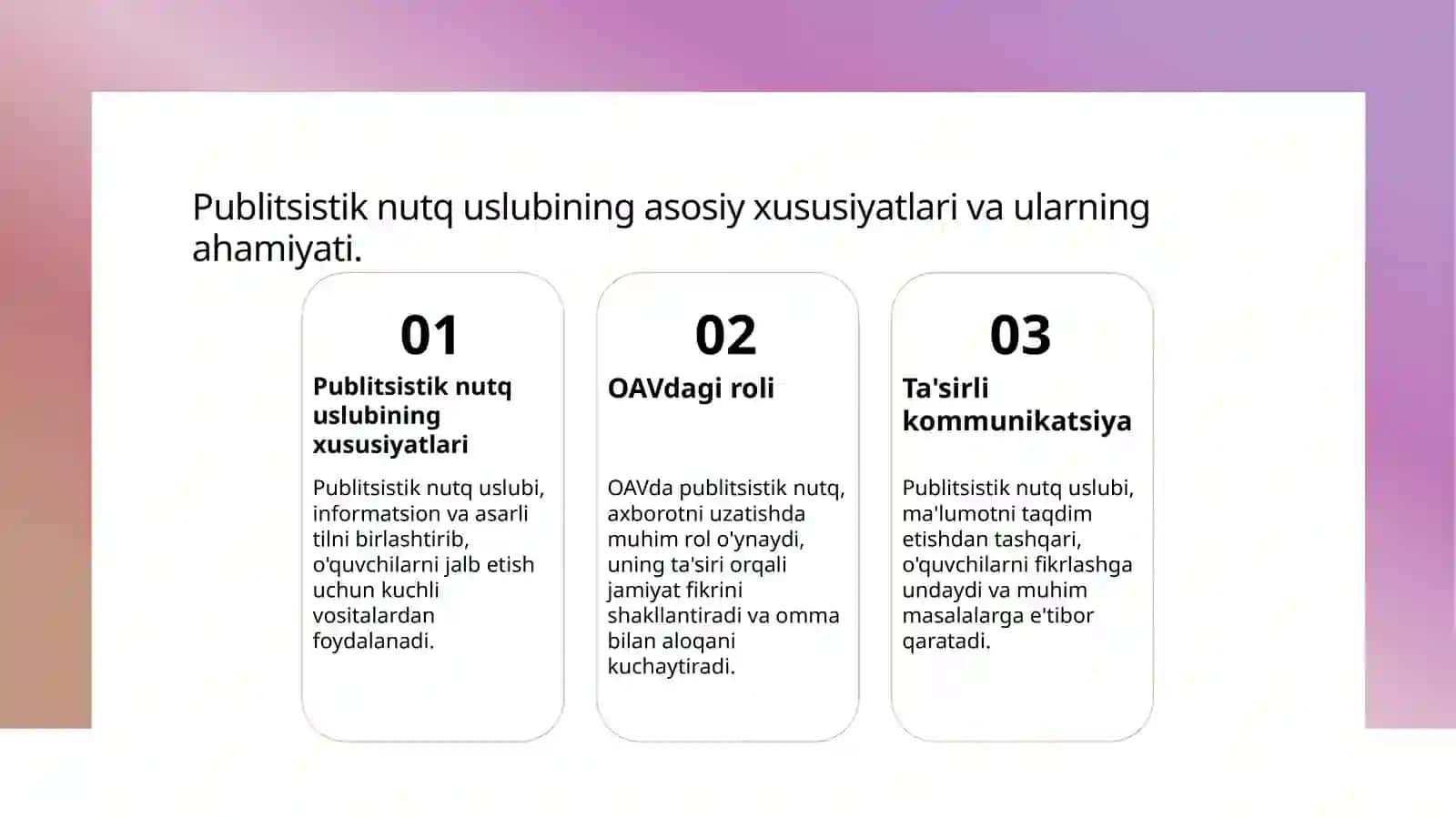 Publitsistik nutq uslubi. Publitsistik maqolalar bilan tanishish va tahlil qilish. Men tanlagan soha va OAV mavzusida esse yozish 3