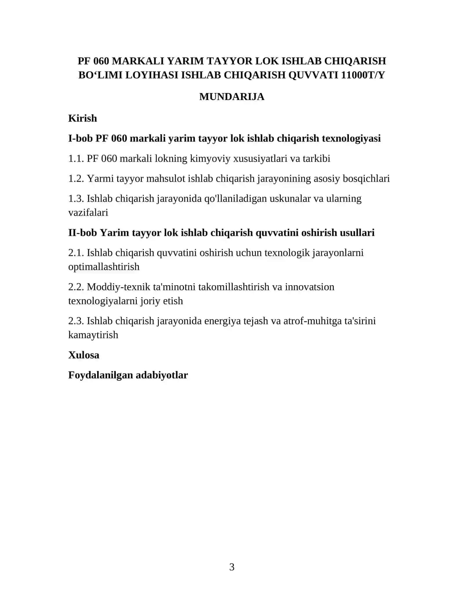 PF 060 MARKALI YARIM TAYYOR LOK ISHLAB CHIQARISH BOʻLIMI LOYIHASI ISHLAB CHIQARISH QUVVATI 11000T/Y 3