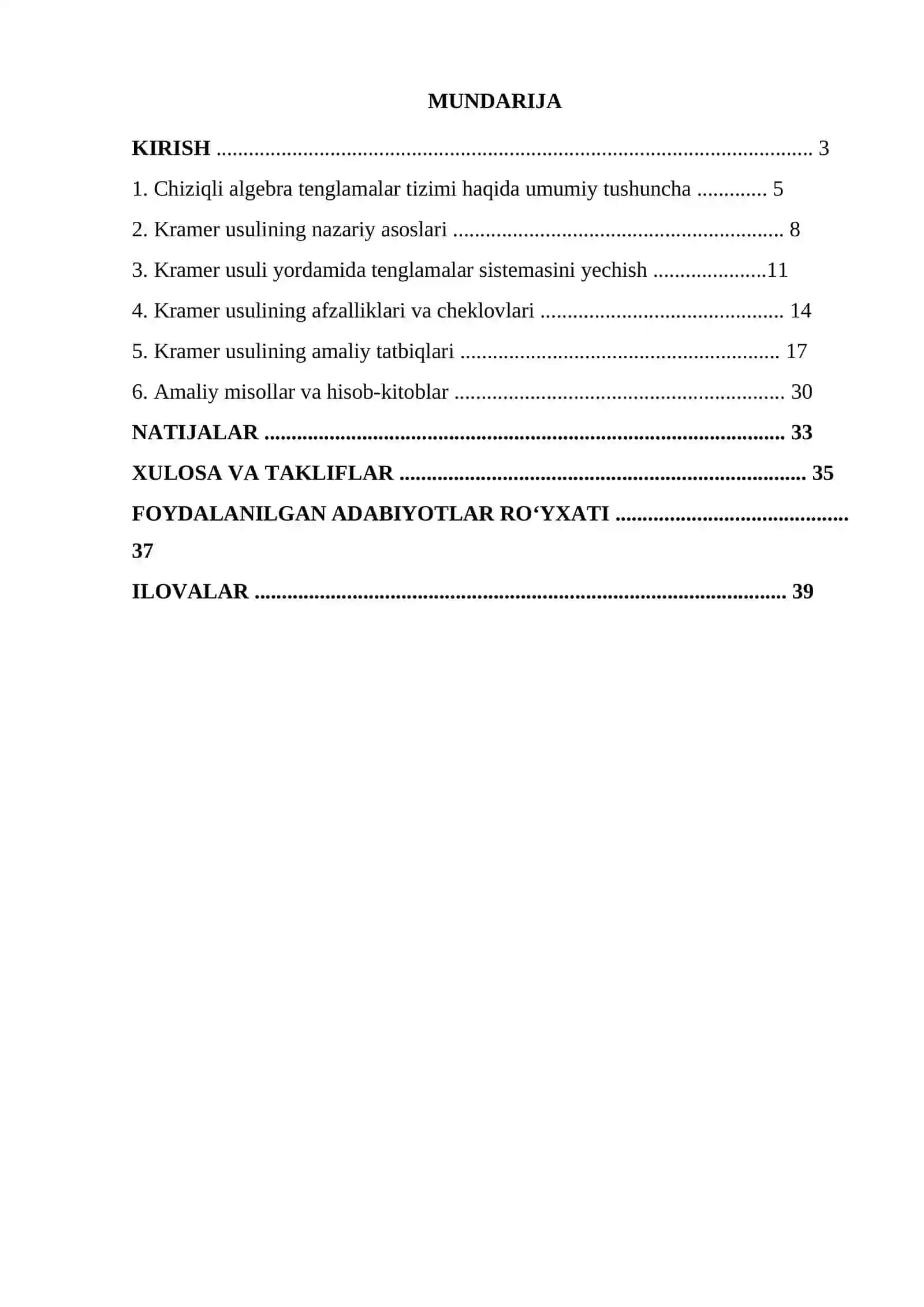 Algebra fanidan Matritsalar va determinant: asosiy xossalari va amaliy qoʻllanishi mavzusidagi K U R S I SH I 3