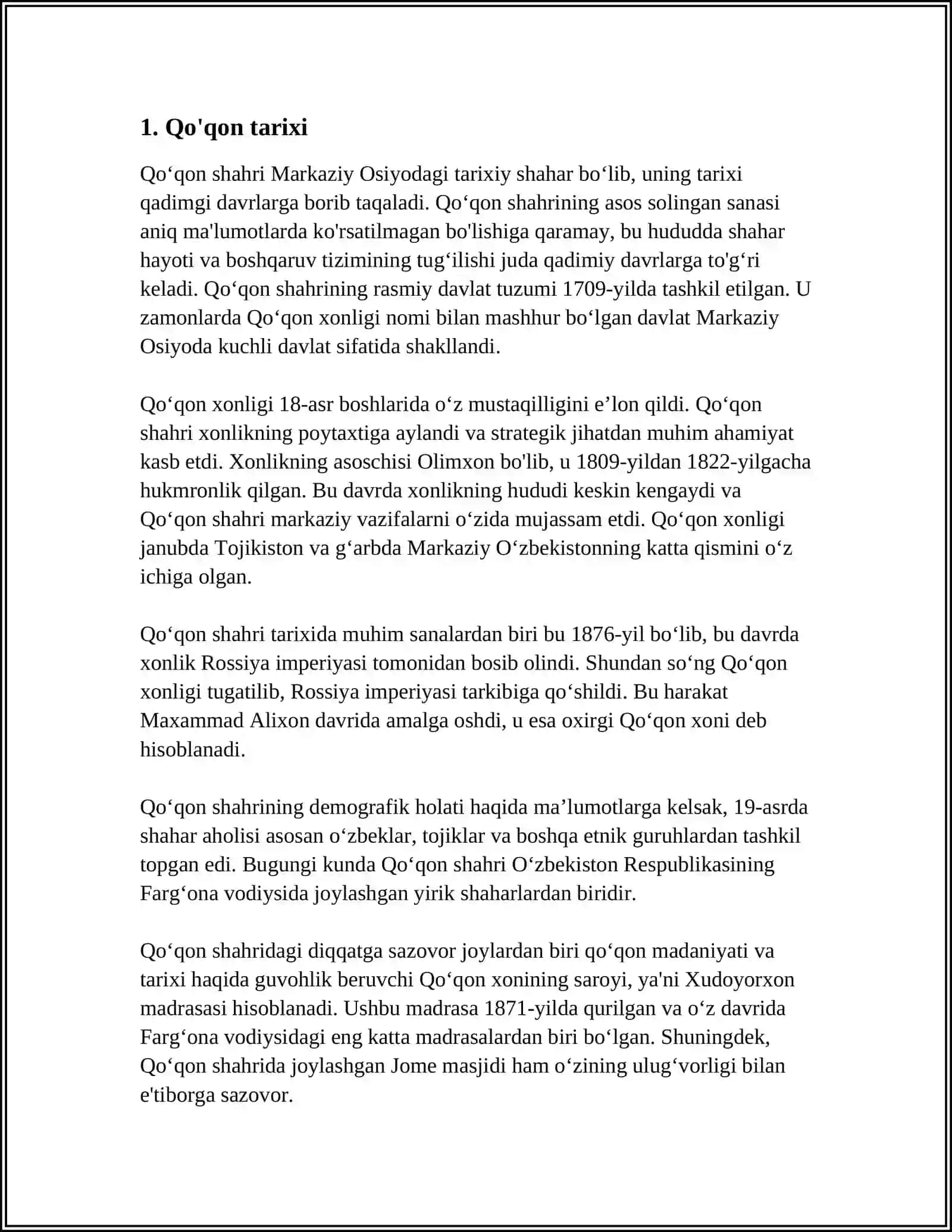 MUSTAQIL ISH Mavzu: QOʻQON SHAHRI 3