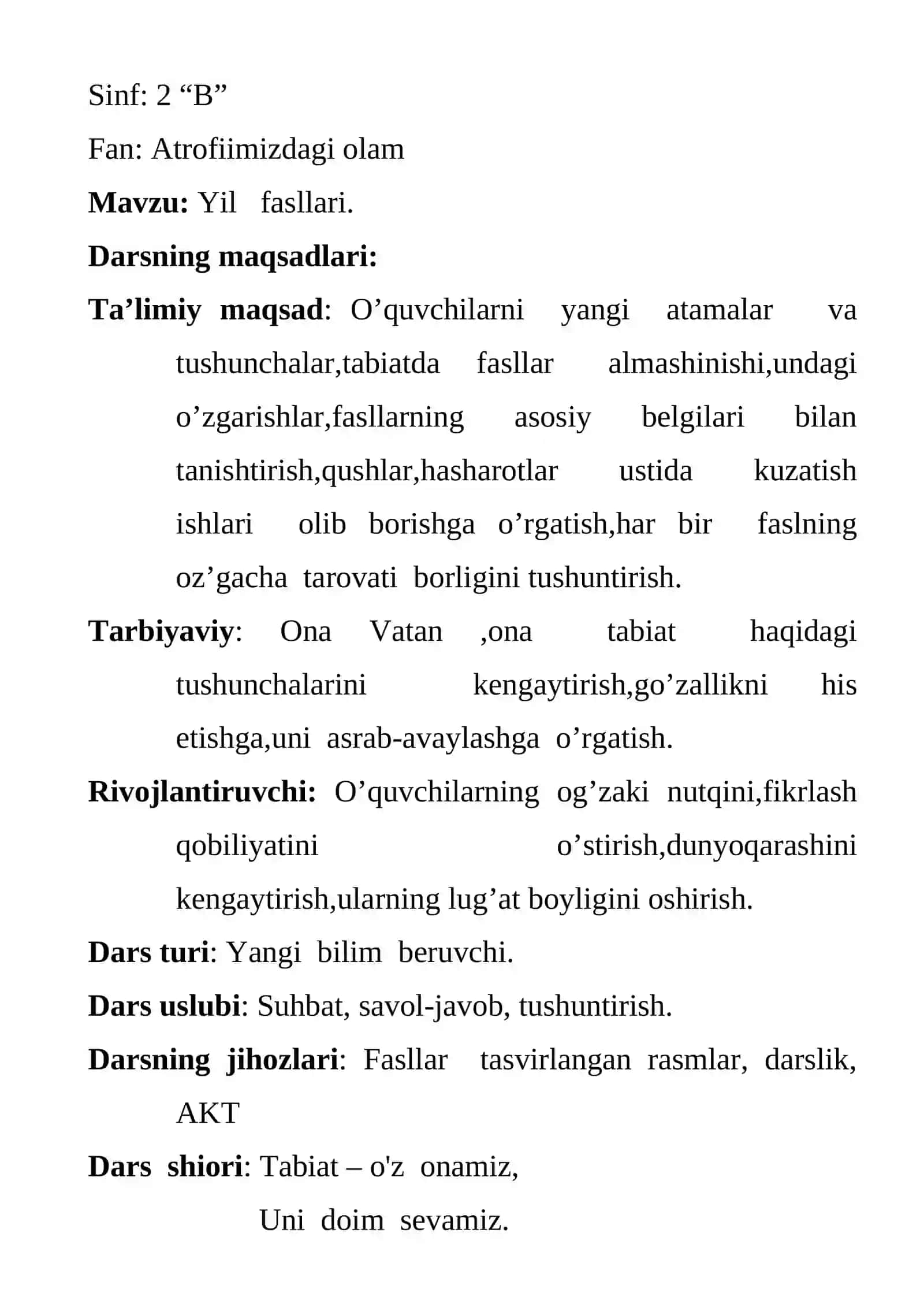 2-sinf Tabiiy fan Yil fasllari dars ishlanma 3