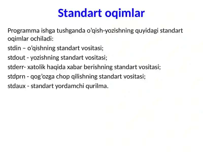 C++ tilida o‘qish-yozish oqimlari. Standart oqimlar. 3
