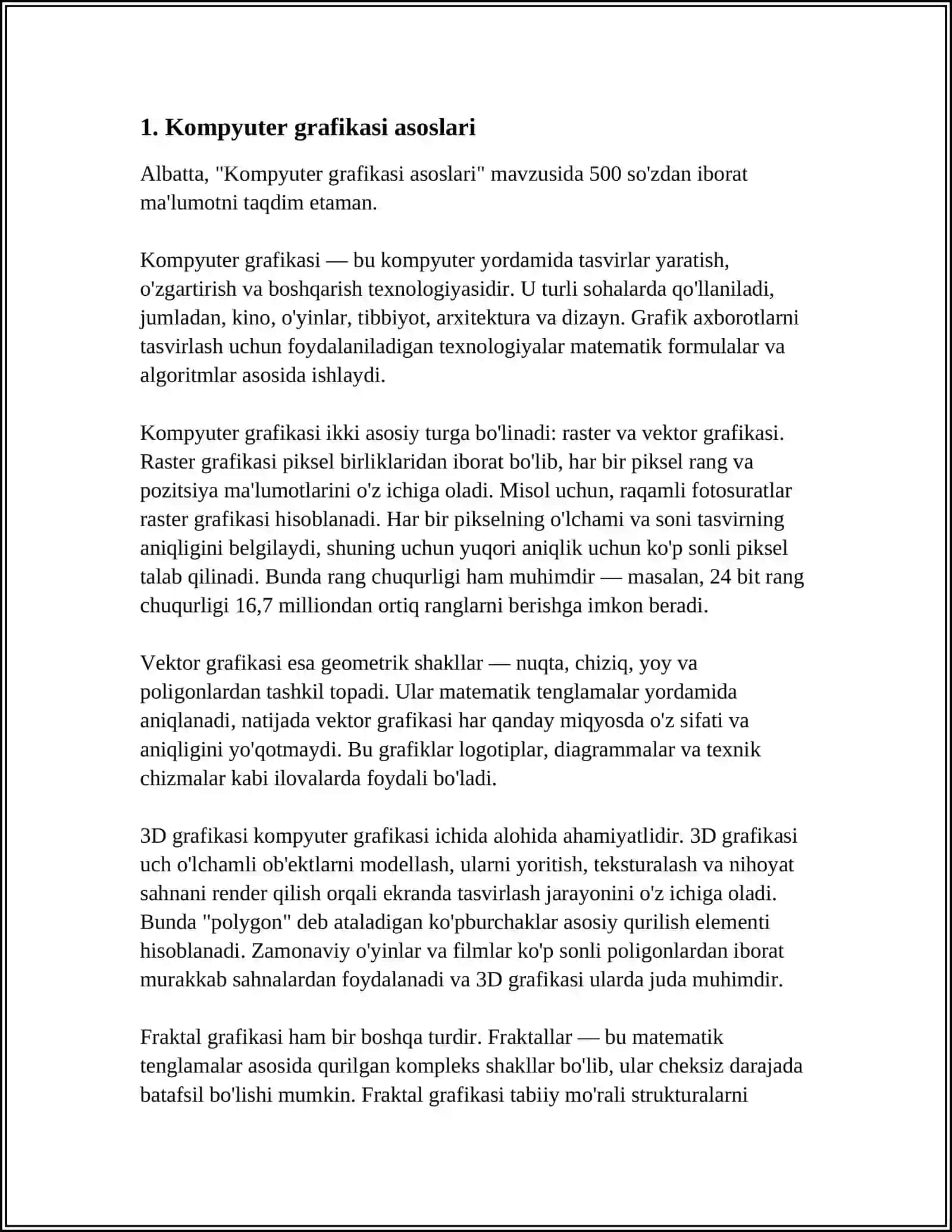 KOMPYUTER GRAFIKASIDAN BAJARILADIGAN TOPSHIRIQLAR VA NAMUNALARNI ISHLAB CHIQISH 3