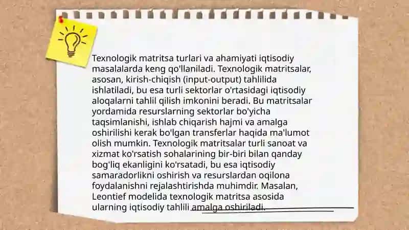 Texnologik matritsa ishlab chiqarishni optimal rivojlantirish masalalari iqtisodiy masalalarni modellashtirishda matritsalarning oʻrni 3