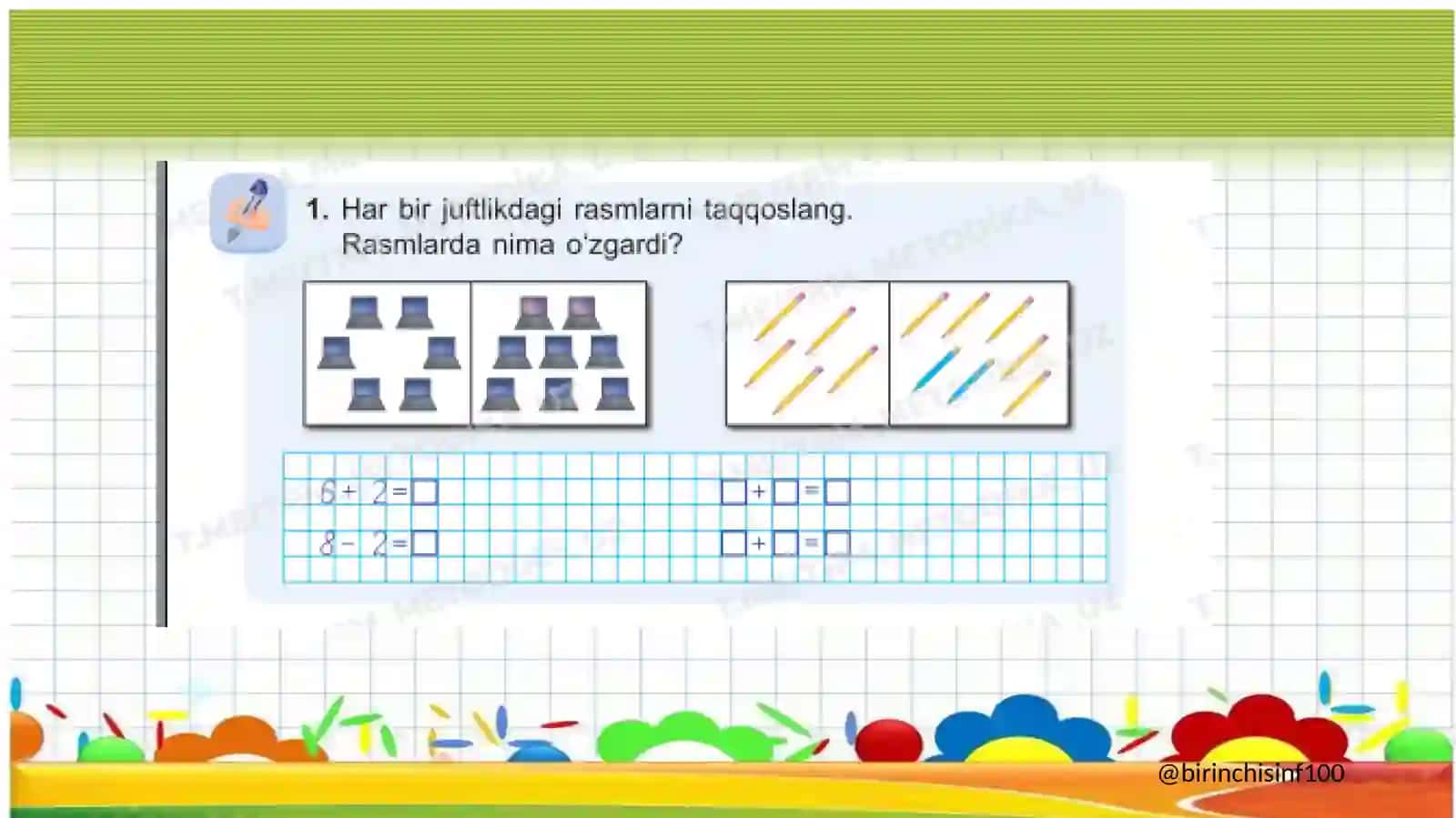 1-SINF MATEMATIKA:Sonni orttirish va kamaytirishga doir masalalar 3