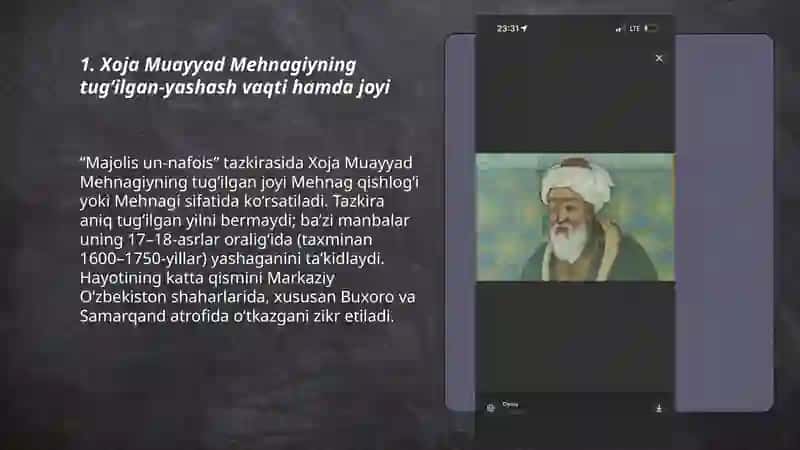 Majolis un- nafois” tazkirasidagi Xoja Muayyad Mehnagiy, Movlono Riyoziy haqida ma’lumotlar” 3