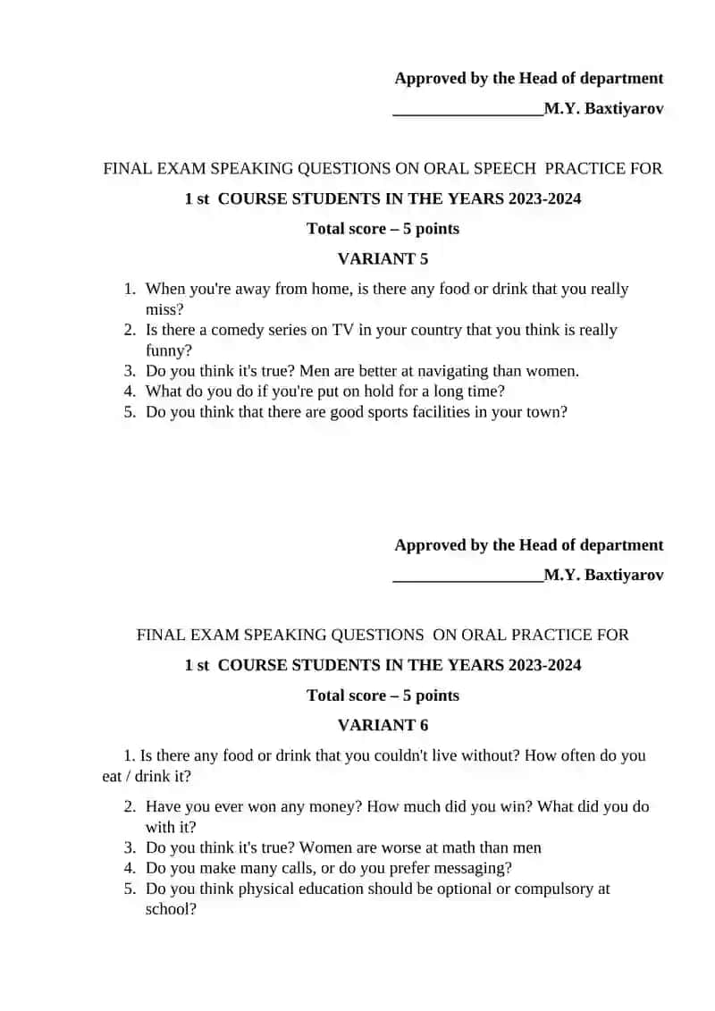 FINAL EXAM SPEAKING QUESTIONS ON ORAL SPEECH PRACTICE 3