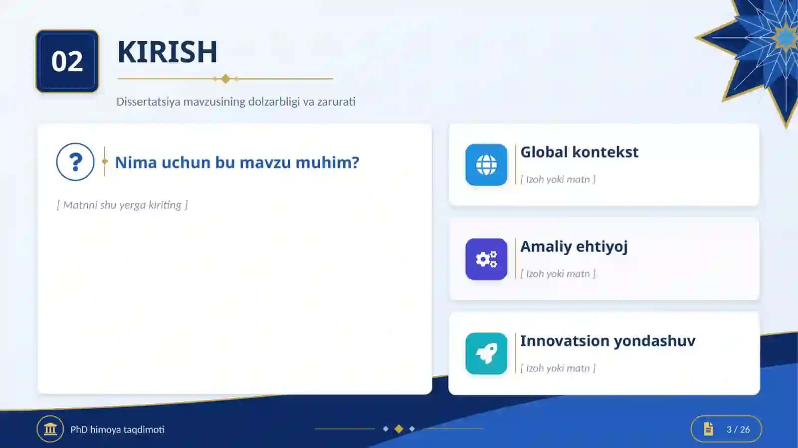 PhD Dissertatsiyasi seminari va himoyasi uchun premium universal taqdimot shabloni 3