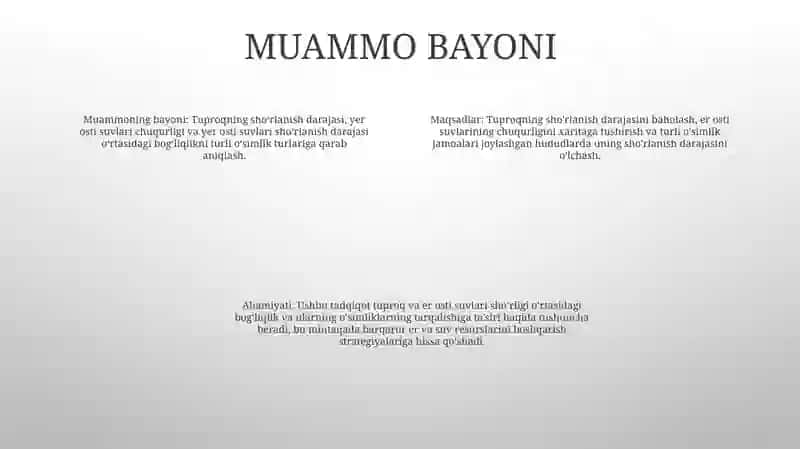 Tuproqlarning Sho'Rlanganlik Darajasi Sizot Suvlarining Joylashgan Chuqurligi Va Ularning Sho'Rlanganlik Darajasini O'Simlik Qoplamiga Ko'Ra Aniqlash 3