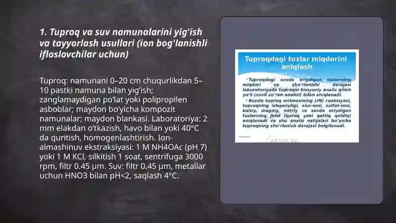 Tuproq va suvdagi ion boglanishli ifloslovchi moddalarni aniqlash, ulardan tozalash usulini ishlab chiqarish 3