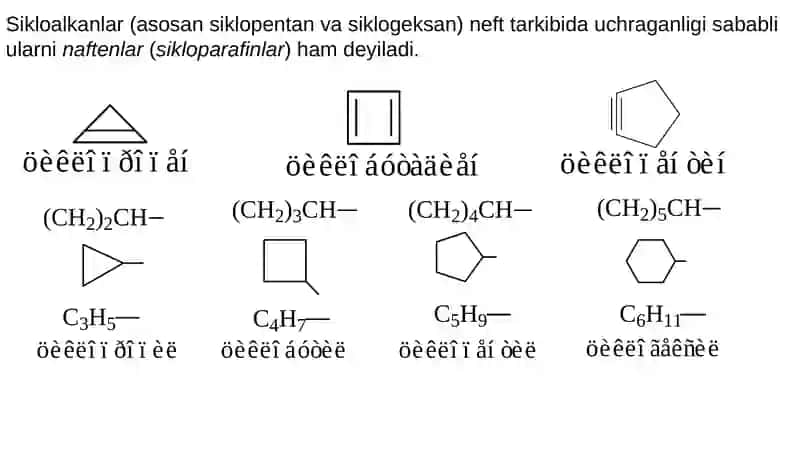Sikloalkanlar nomlanishi va turlari. Sikloalkanlar tuzilishi, izomeriyasi. Siklik birikmalarning sintezi. 3