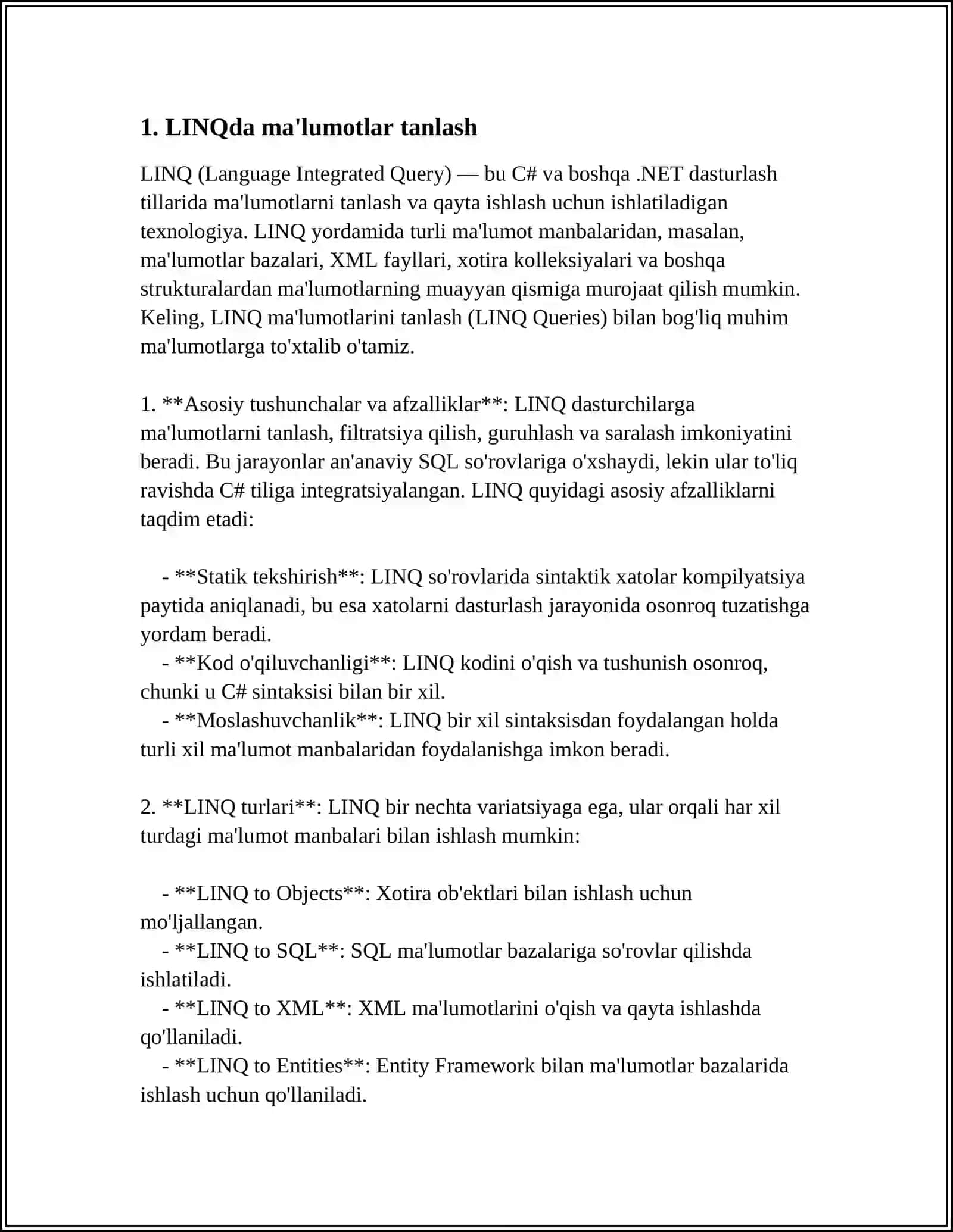 LINQДА SELECT, FROM, WHERE СЎРОВЛАРИГА ДОИР МАСАЛАЛАР ЕЧИШ 3