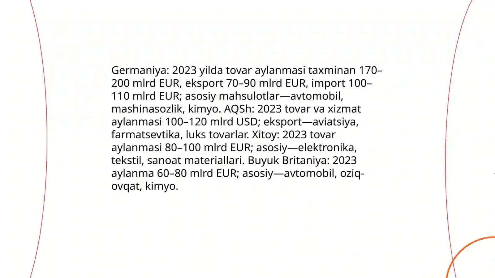 Fransiya- Tashqi iqtisodiy aloqalari- Fond bozori;- Yalpi ichki mahsulot;- Eksport-import (To‘lov balansi);- Maxsus iqtisodiy zona 3