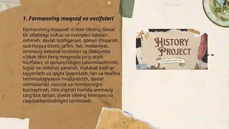 Oʻzbekiston Respublikasi Prezidenti Sh.M.Mirziyoyevning,,Oʻzbek tilining davlat tili sifatidagi nufuzi va mavqeyini tubdan oshirish chora- tadbirlari toʻgʻrisida,, gi farmoni 3