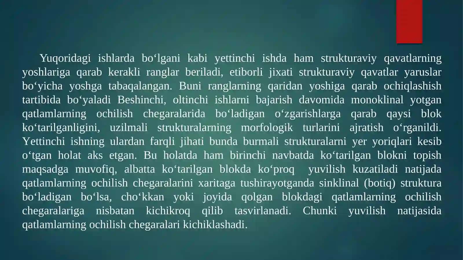Strukturaviy qavatlari, burmali strukturalar va ularni kesib oʻtuvchi yer yoriqlari bilan murakkablashgan hududning geologik xaritasini tuzish va tahlil qilish 3