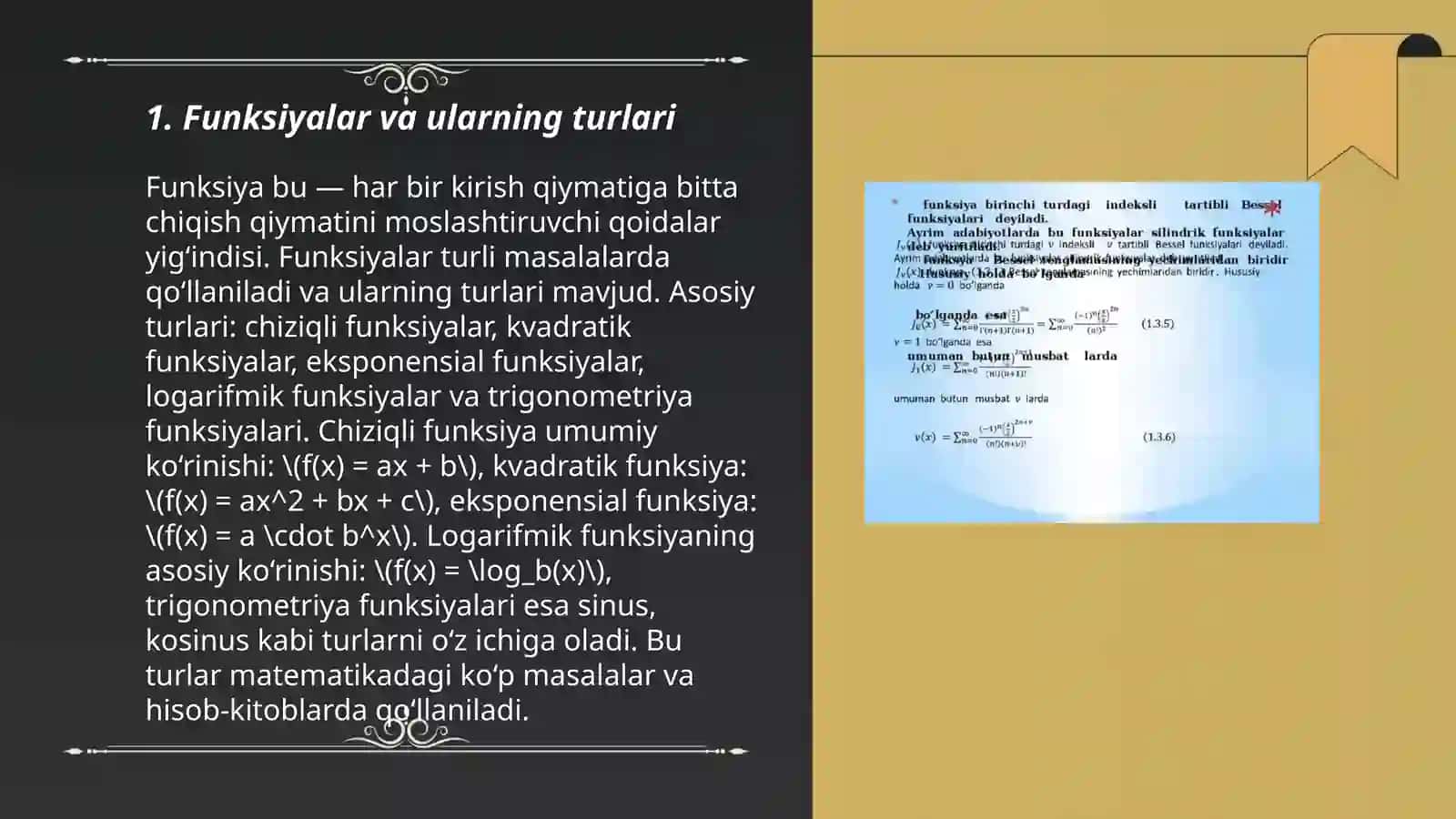 Chiziqli funksiyalar, kvadratik funksiyalar, eksponensial funksiyalar, logarifmik funksiyalar va trigonometriya funksiyalari 3