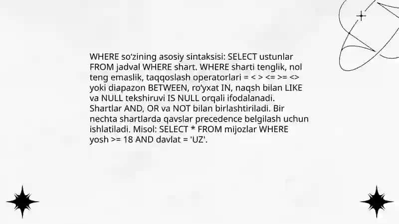 Ma’lumotlami saralash. WHERE standart so‘zidan foydalanish 3