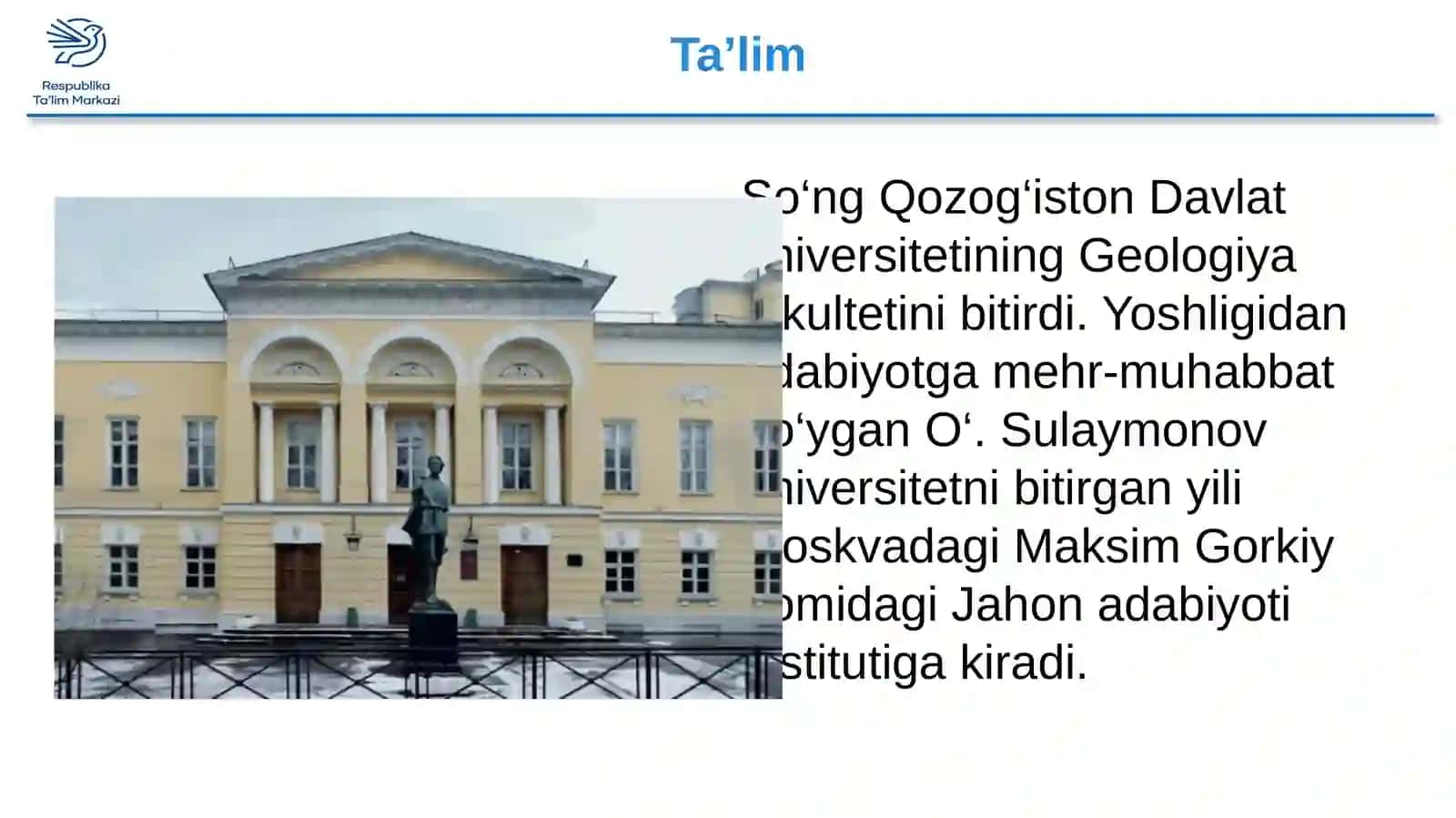 9-sinf Adabiyot fanidan O'ljas Sulaymonov hayoti va ijodi dars ishlanmasi 3