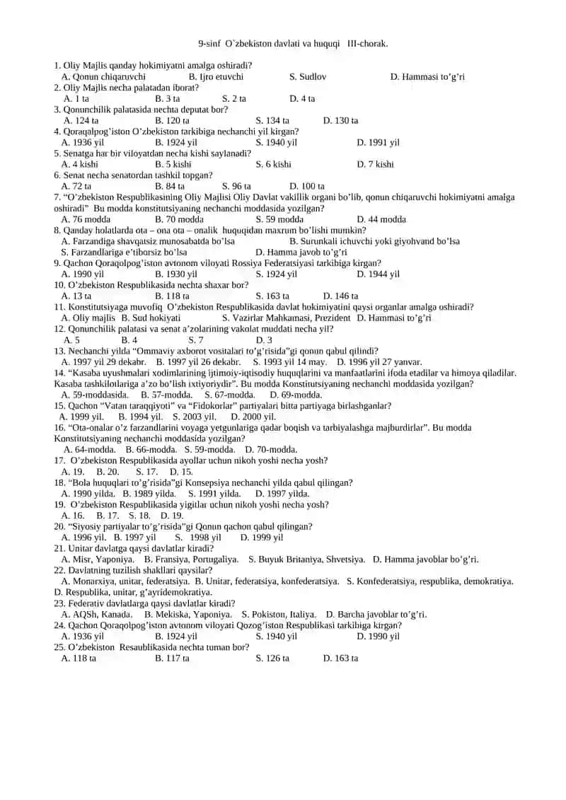 9 sinf uchun Huquq fanidan testlar 3