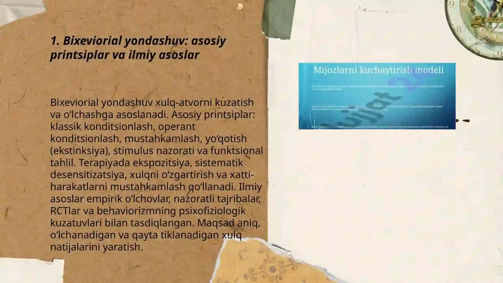 Mijoz bilan ishlashning zamonaviy metodlari: bixeviorial yondashuv, geshtalt- terapiya, kognitiv terapiya, majmuali yondashuv, oilaviy terapiya psixositsial yondashuv 3