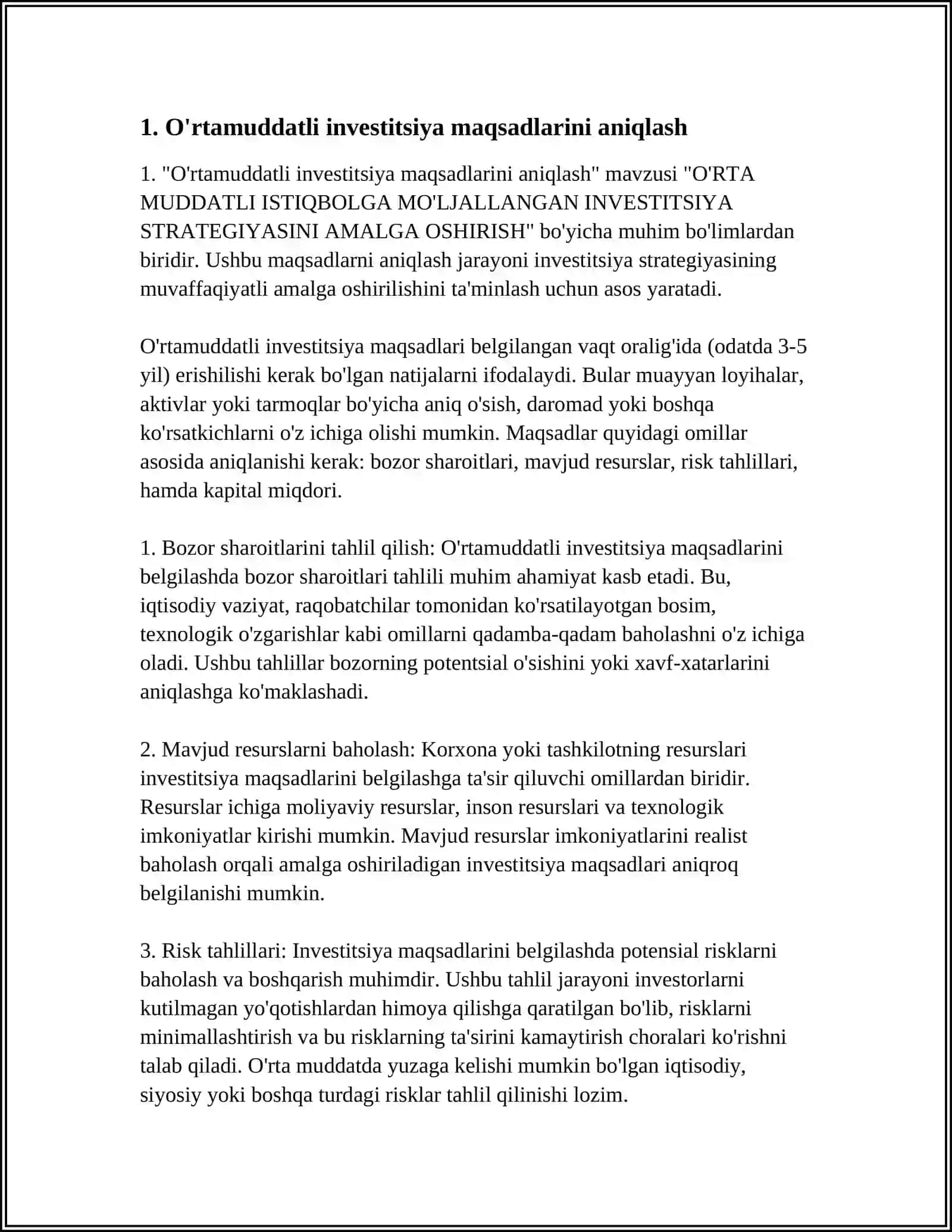 O'RTA MUDDATLI ISTIQBOLGA MO'LJALLANGAN INVESTITSIYA STRATEGIYASINI AMALGA OSHIRISH 3