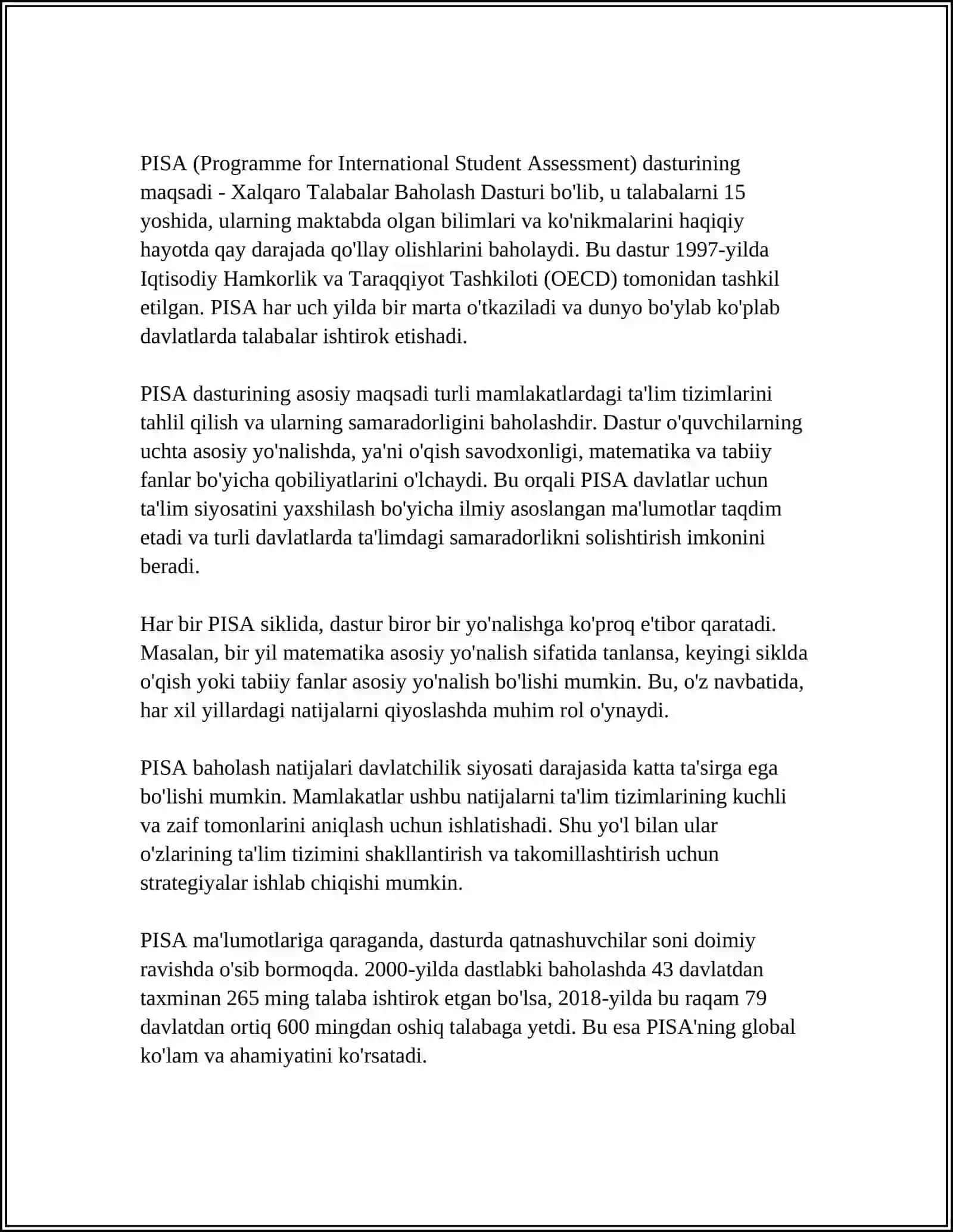 XALQARO BAHOLASH DASTURI PISA (THE PROGRAMME FOR INTERNATIONAL STUDENT ASSESMENT 15 YOSHLI O’QUVCHILARNING O’QISH MATEMATIKA VA TABBIY YO’NALISHDAGI FANLARDAN SAVODXONLIK DARAJASINI BAHOLASH) 3