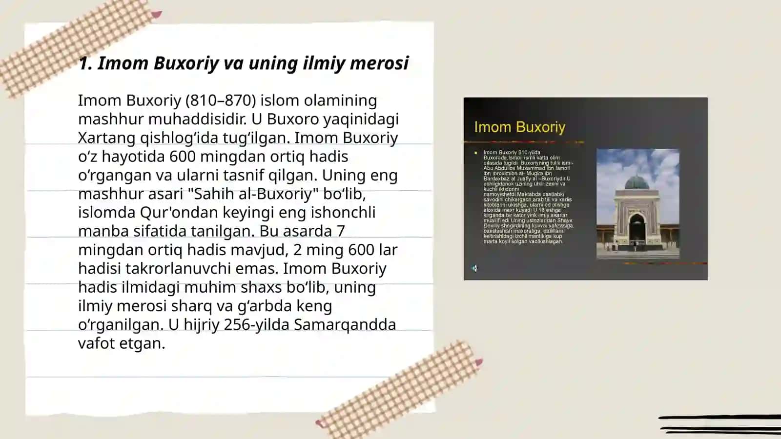 Imom Buxoriyning " al-adab al-mufrad" asarini konspektleshtirish va esse tayyorlash 3