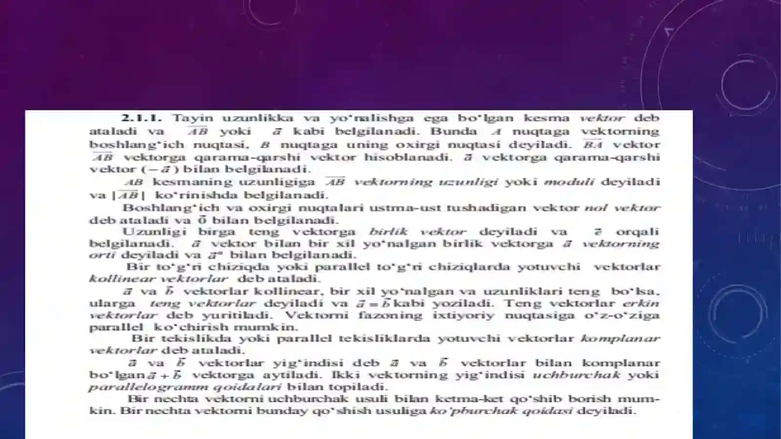 Vektorlar Ustida chiziqli amallar bajarish. VektorNing o‘qdagi proyeksiyasi. Yo‘naltiruvchi sinuslar 3
