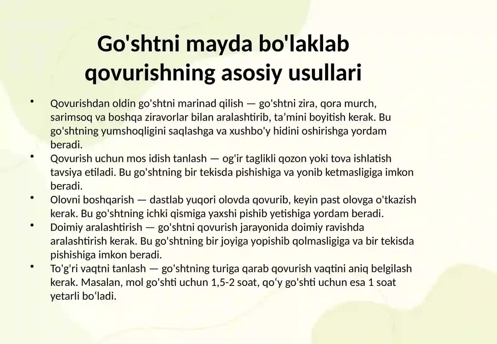Go'shtni mayda bo'laklab qovurib tayyorlanadigan taomlar. Go'shtdan urvoqqa belab qovurib tayyorlangan taomlar. 3