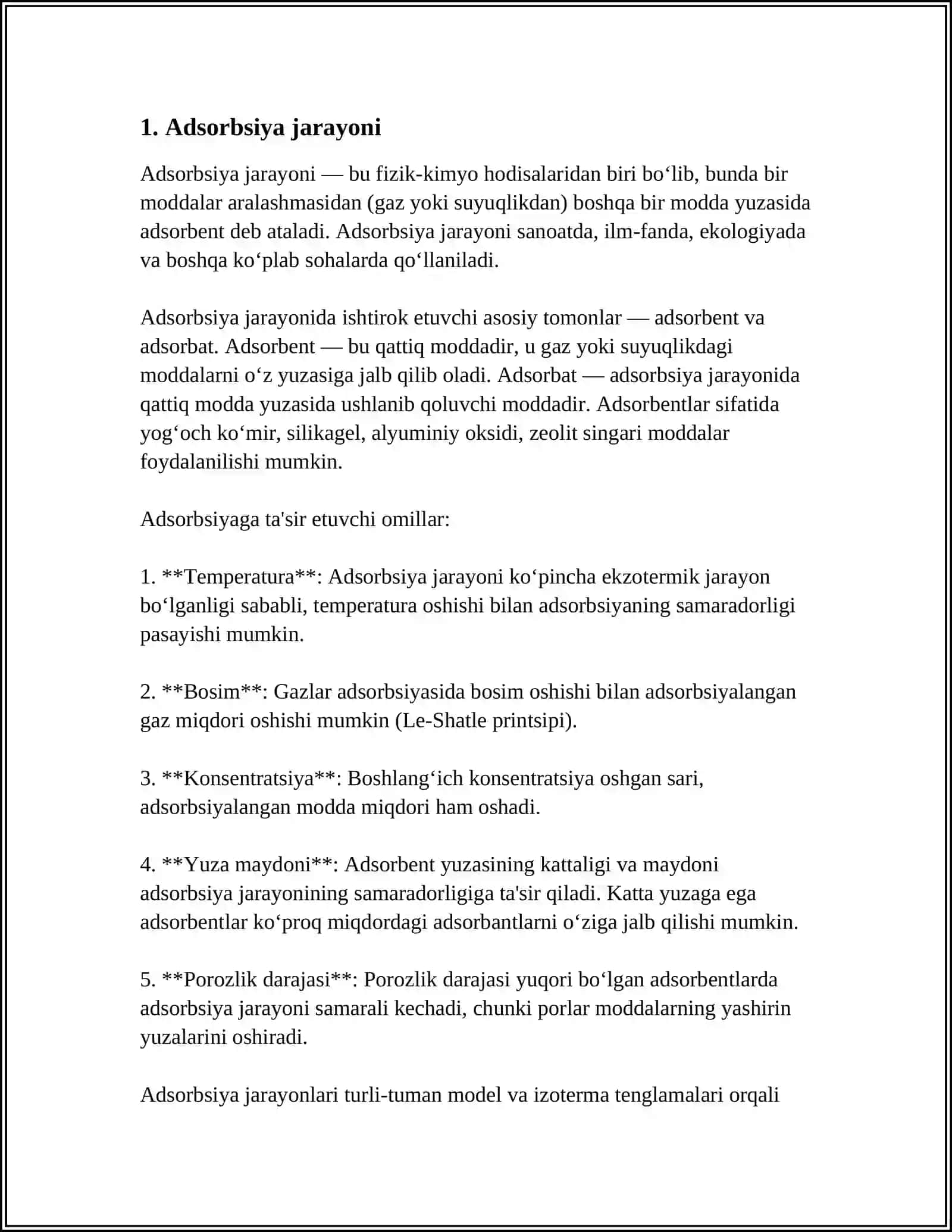 MUSTAQIL ISH Mavzu: ADSORBERLAR ISHLASH PRINSIPI 3