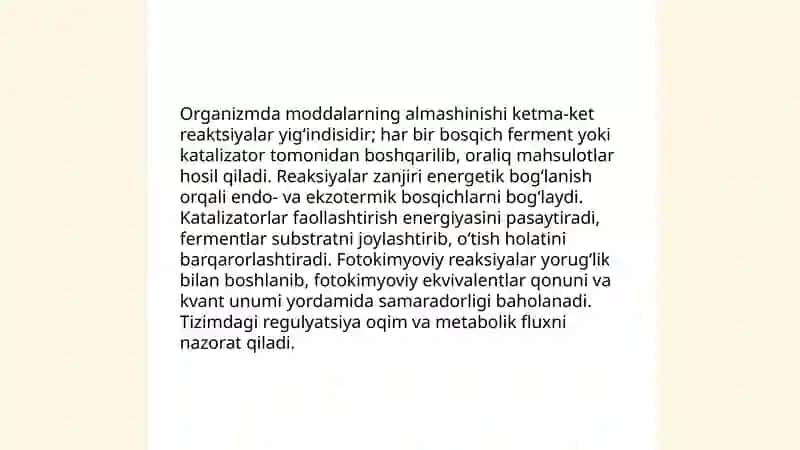 Organizmda moddalarning almashinishi ketma-ket reaktsiyalar yig' indisi ekanligi 3
